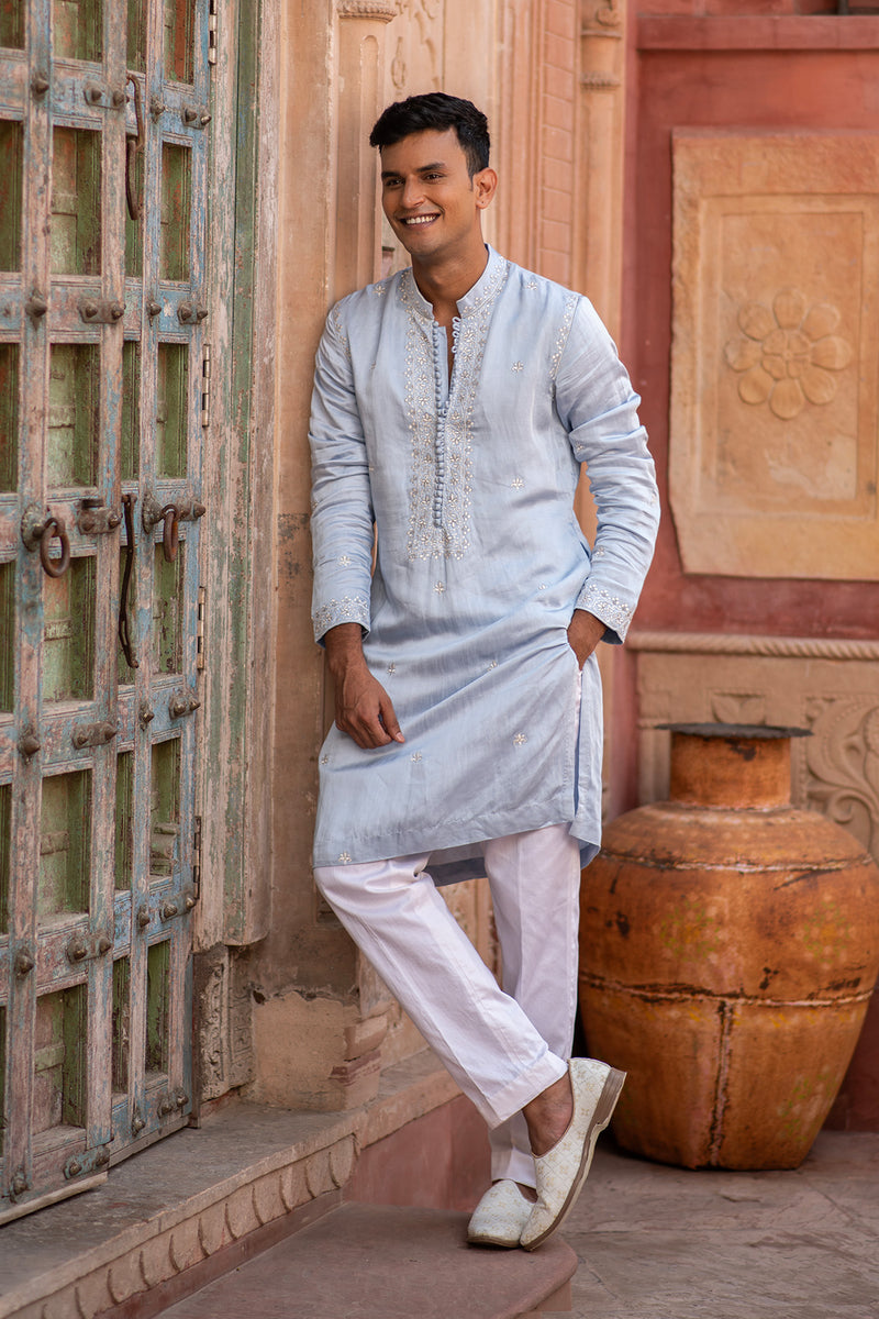 POWDER BLOUSE SATIN LINEN KURTA PANTS SET