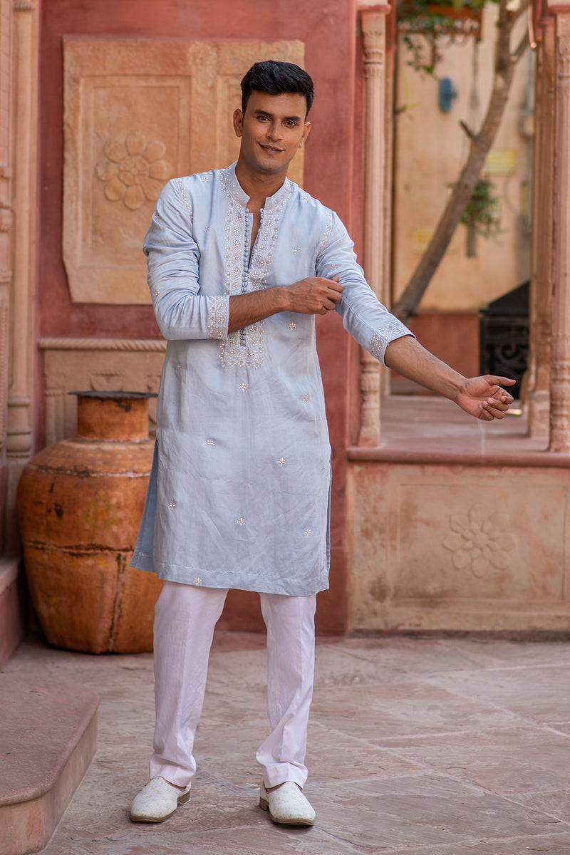 POWDER BLOUSE SATIN LINEN KURTA PANTS SET