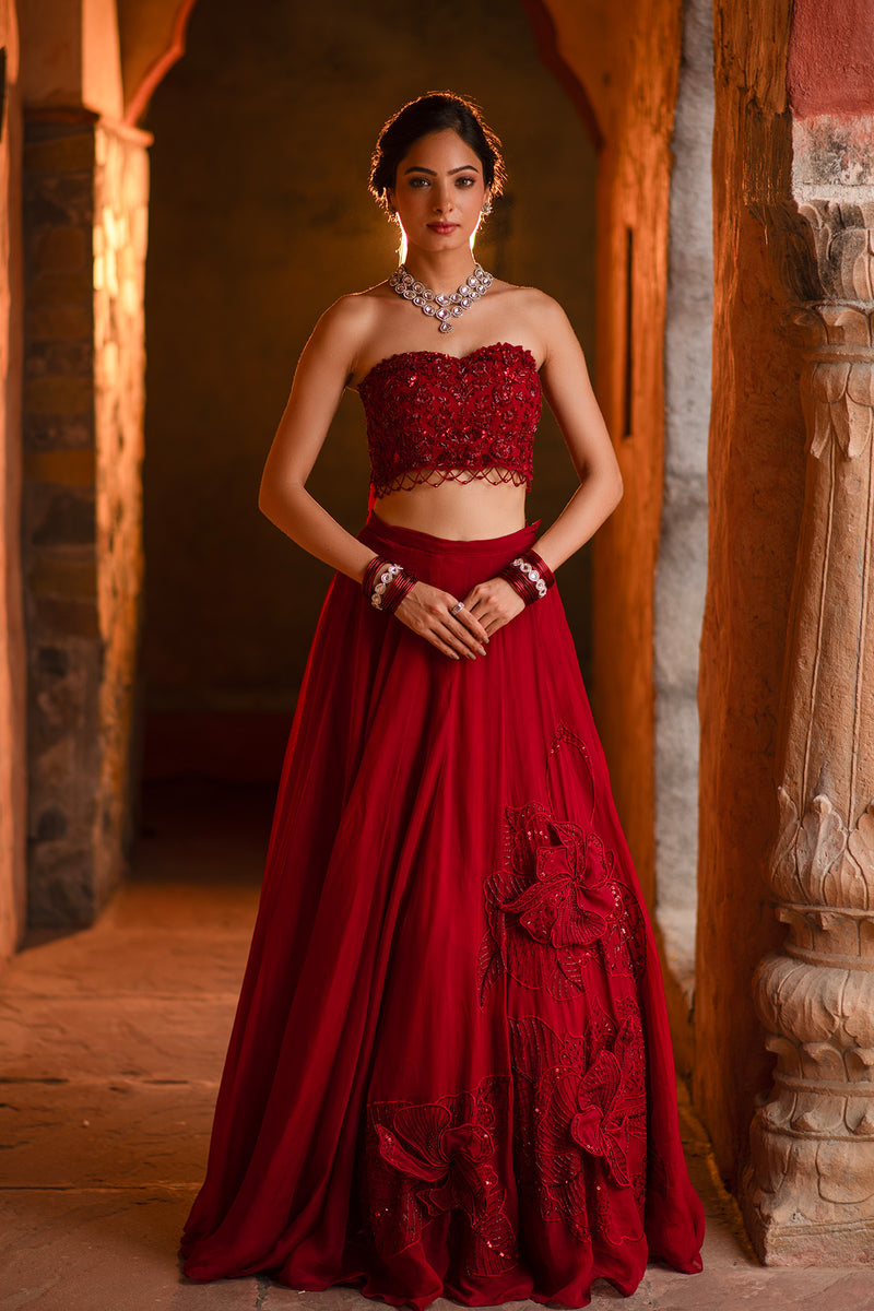 3D FLORAL DEEP RED LEHENGA