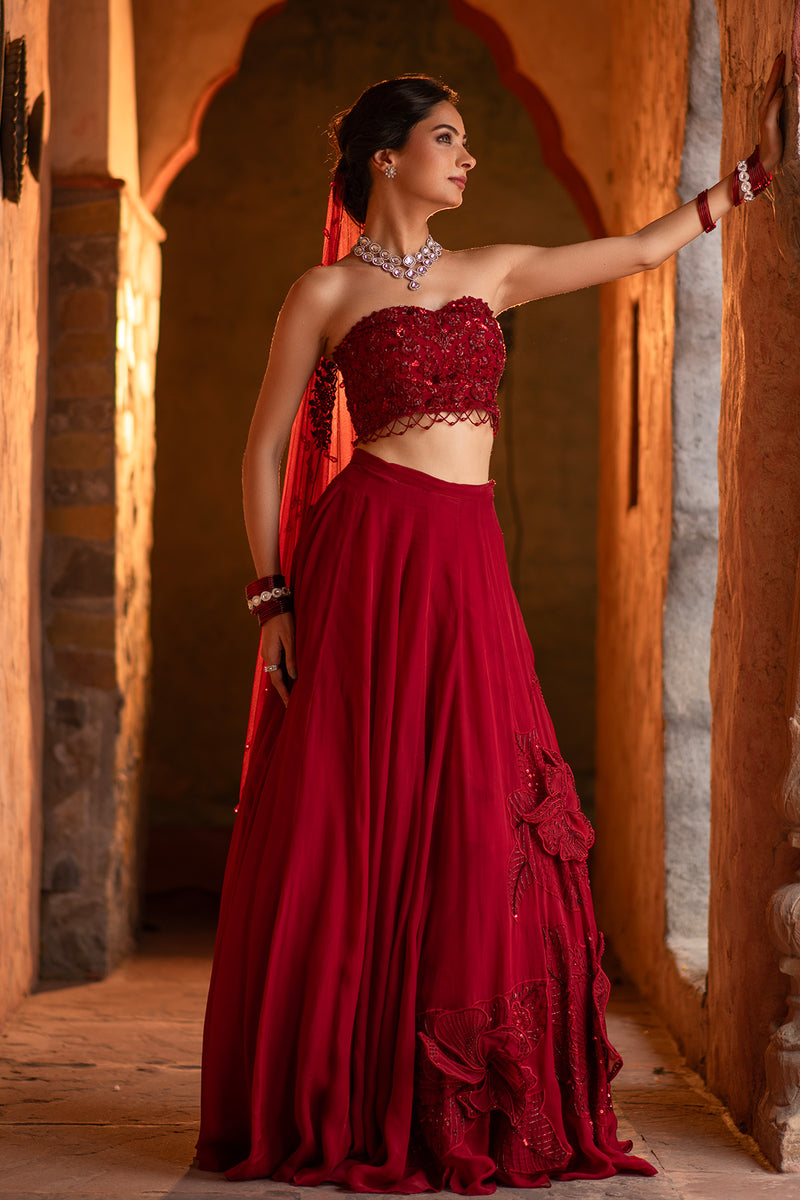 3D FLORAL DEEP RED LEHENGA