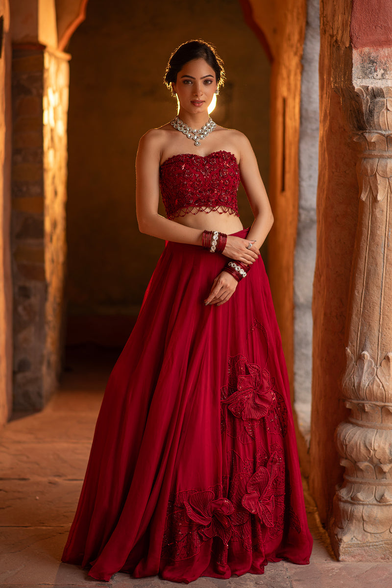 3D FLORAL DEEP RED LEHENGA