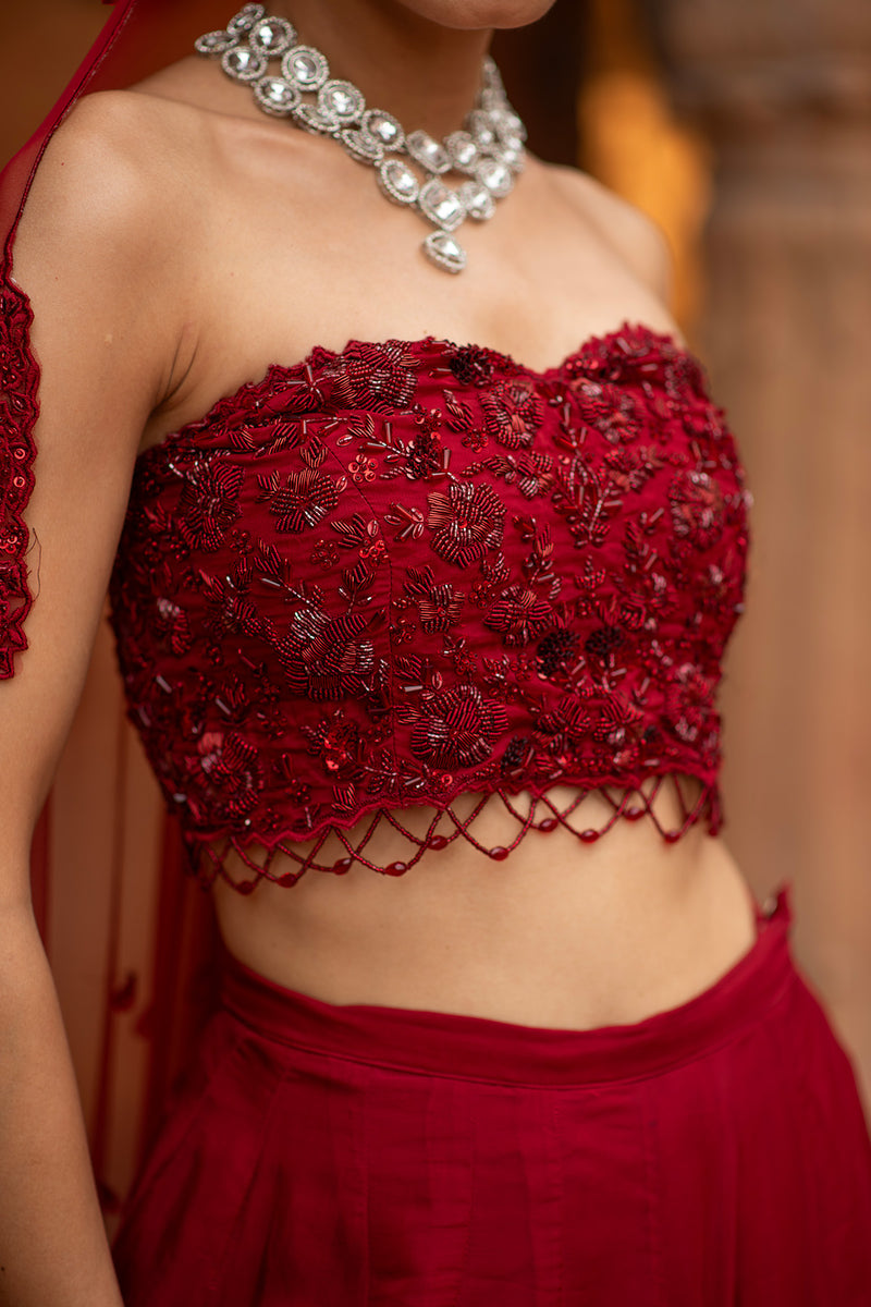 3D FLORAL DEEP RED LEHENGA