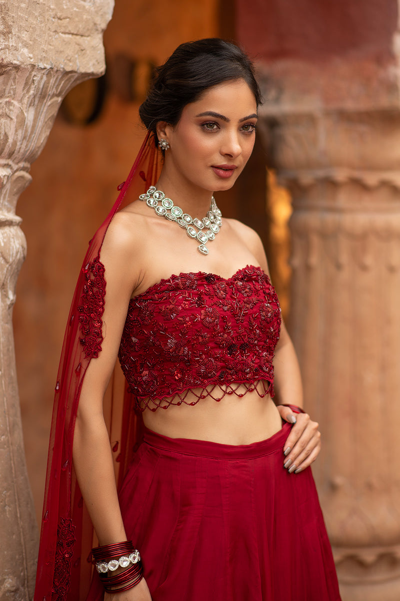 3D FLORAL DEEP RED LEHENGA