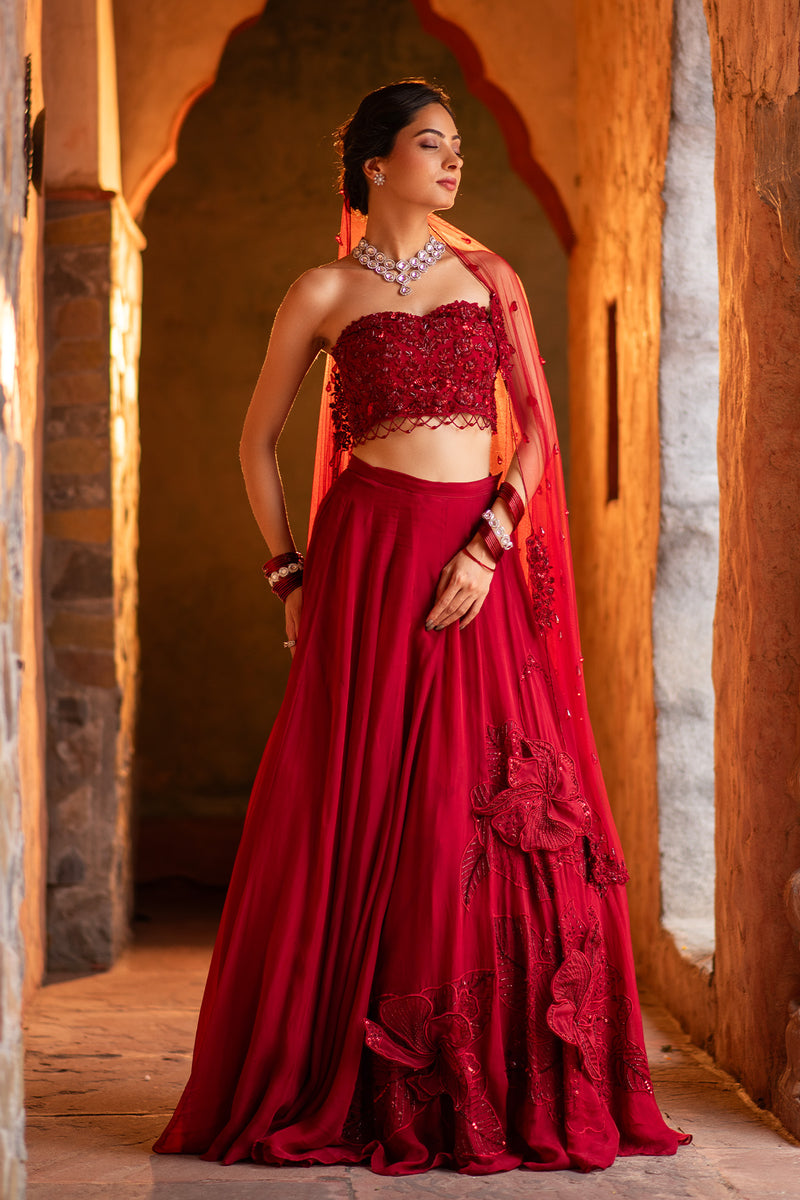 3D FLORAL DEEP RED LEHENGA