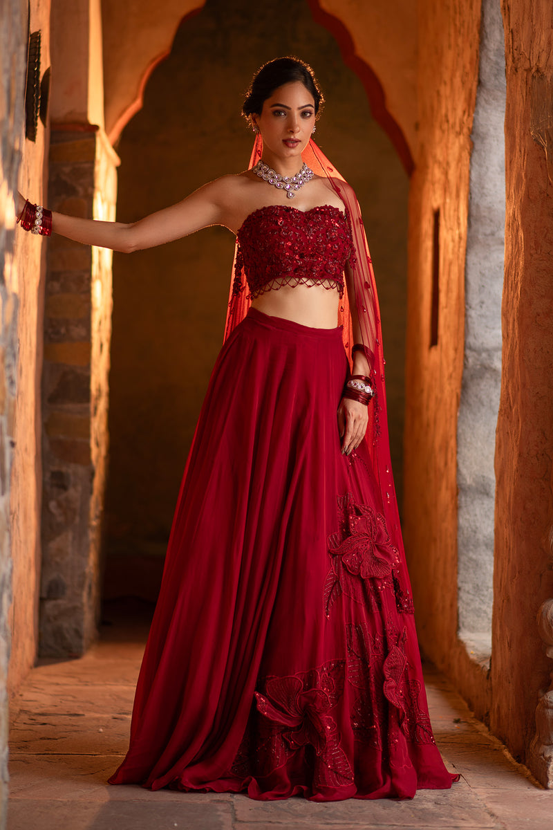 3D FLORAL DEEP RED LEHENGA