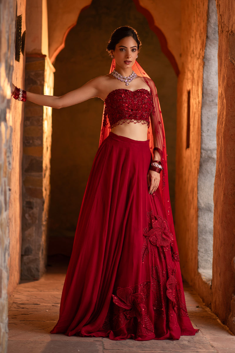 3D FLORAL DEEP RED LEHENGA