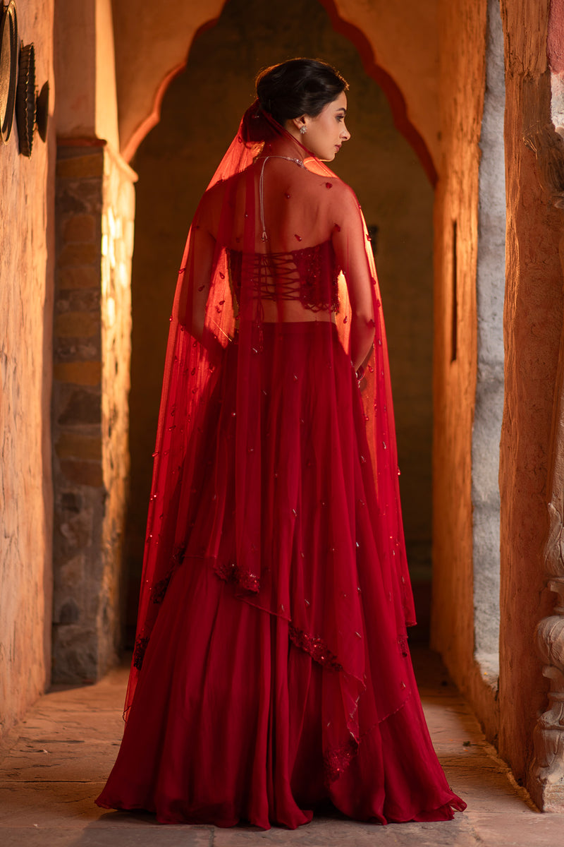 3D FLORAL DEEP RED LEHENGA