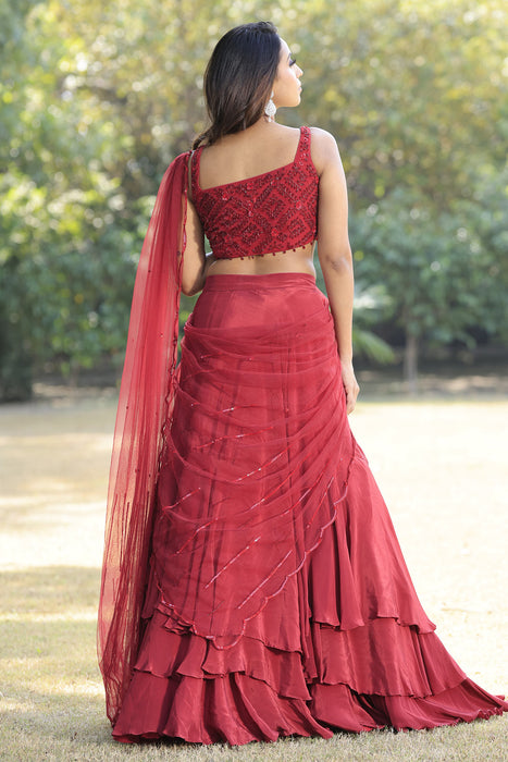 Ruby Red Embellished Lehenga with Drape Dupatta and Blouse Set