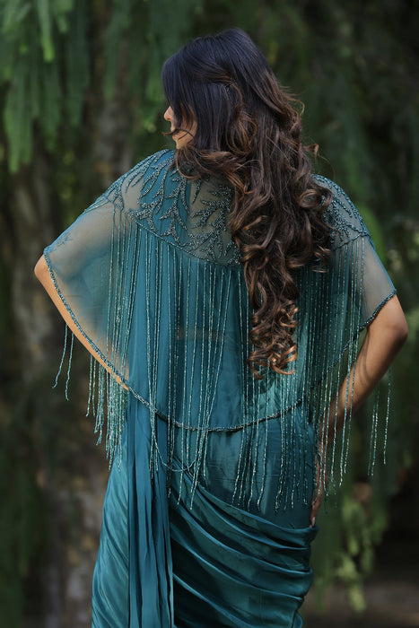 Peacock Green Drape Saree Set