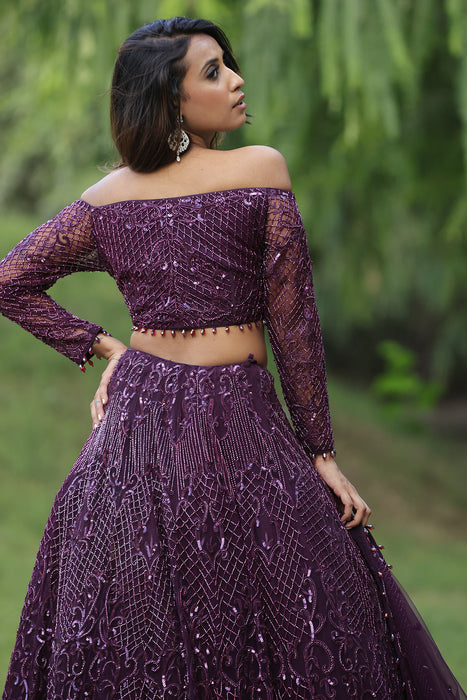 Wine Embellished Lehenga with Off- Shoulder Blouse Set