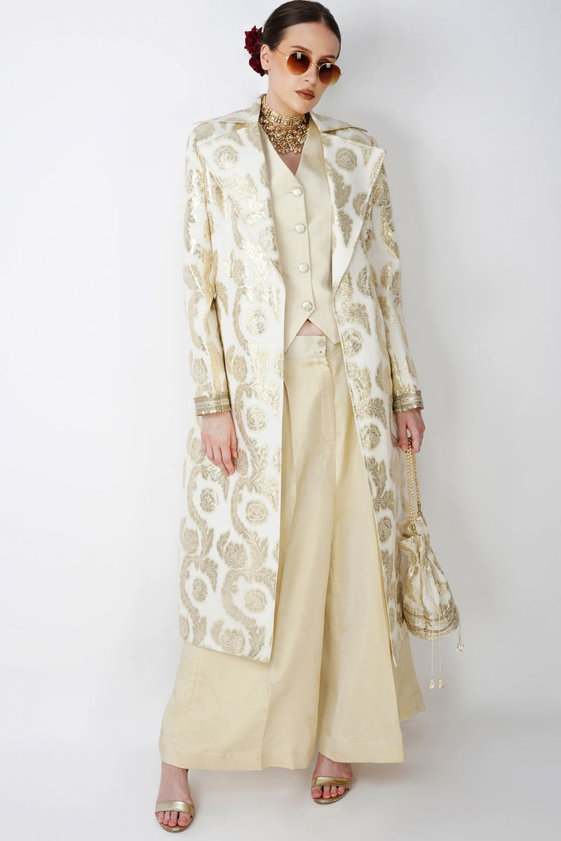 Beige Jacquard long jacet with waistcoat Ensemble