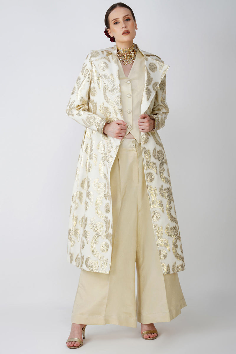 Beige Jacquard long jacet with waistcoat Ensemble