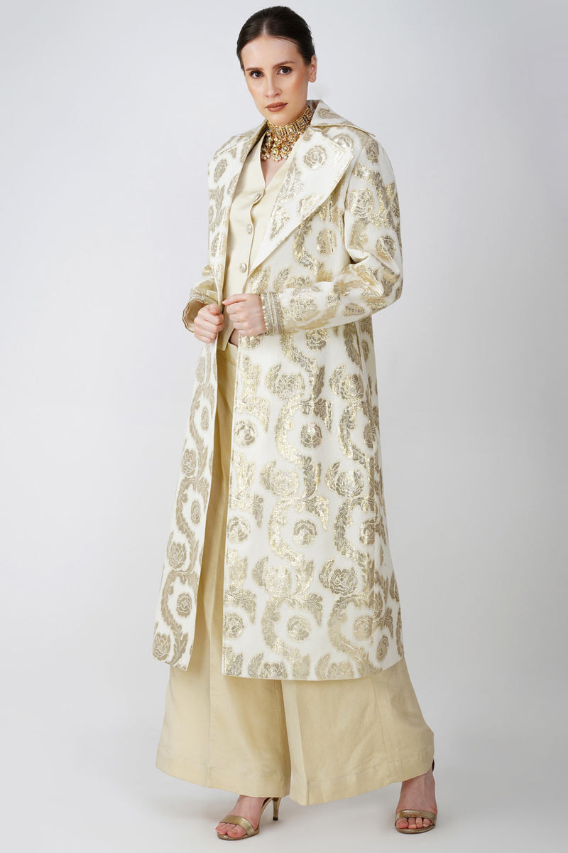 Beige Jacquard long jacet with waistcoat Ensemble