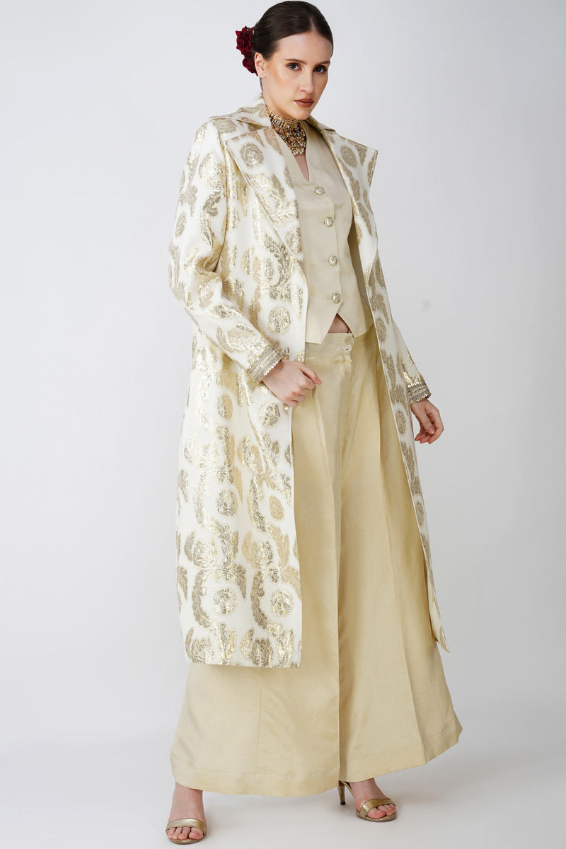 Beige Jacquard long jacet with waistcoat Ensemble