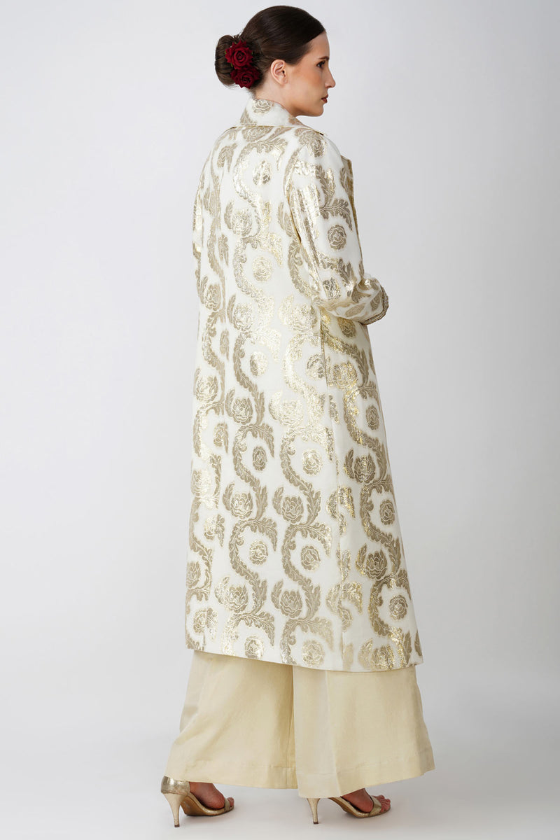Beige Jacquard long jacet with waistcoat Ensemble