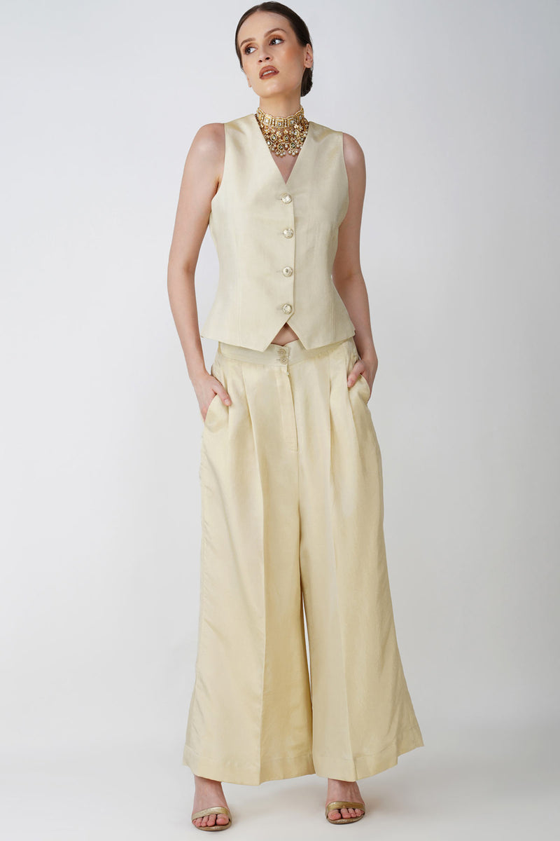 Beige Jacquard long jacet with waistcoat Ensemble