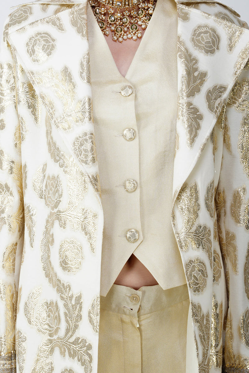 Beige Jacquard long jacet with waistcoat Ensemble