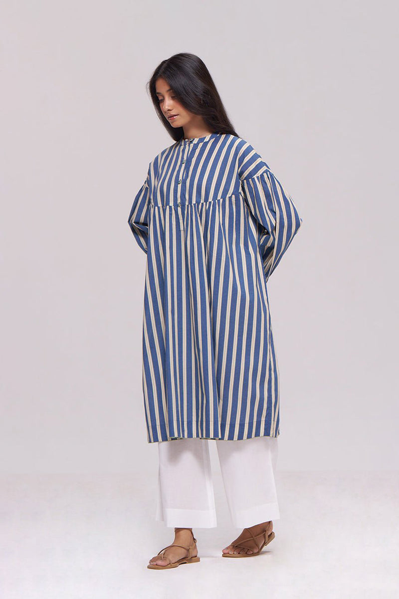 Blue and Cream Striped Cotton Kurta With White Bottom Set