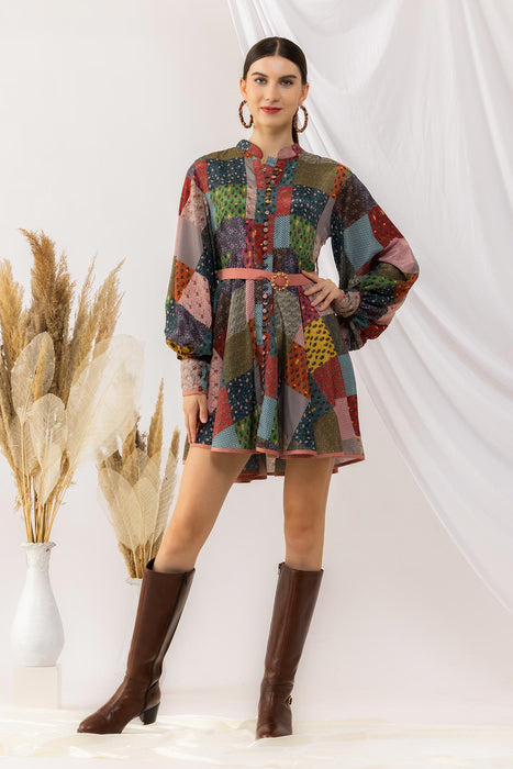 Bohemian Digital Printed Short Dress With Lantern Sleeves