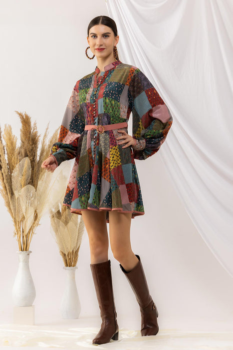 Bohemian Digital Printed Short Dress With Lantern Sleeves