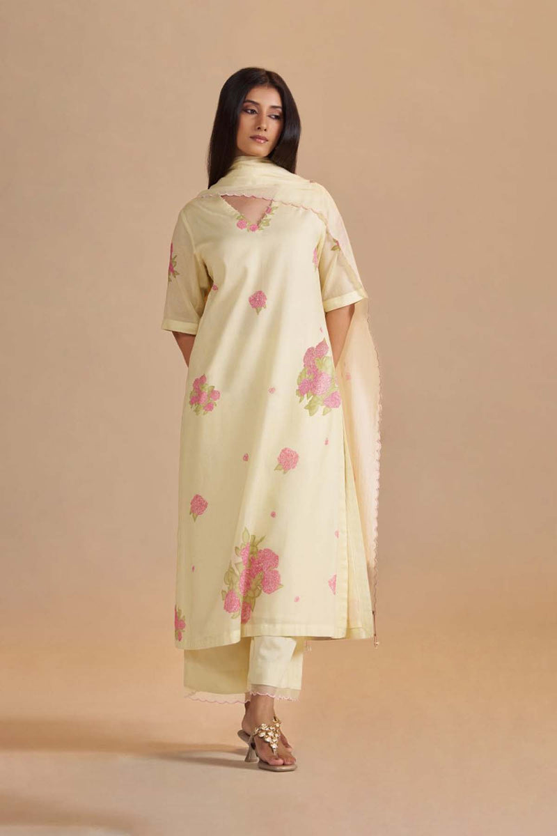Butter Yellow Mul-Chanderi Kurta Set