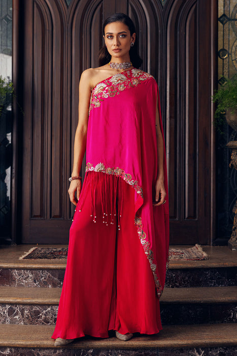 SIGANTURE ONE SHOULDER DRAPE SET WITH FLARED PANTS