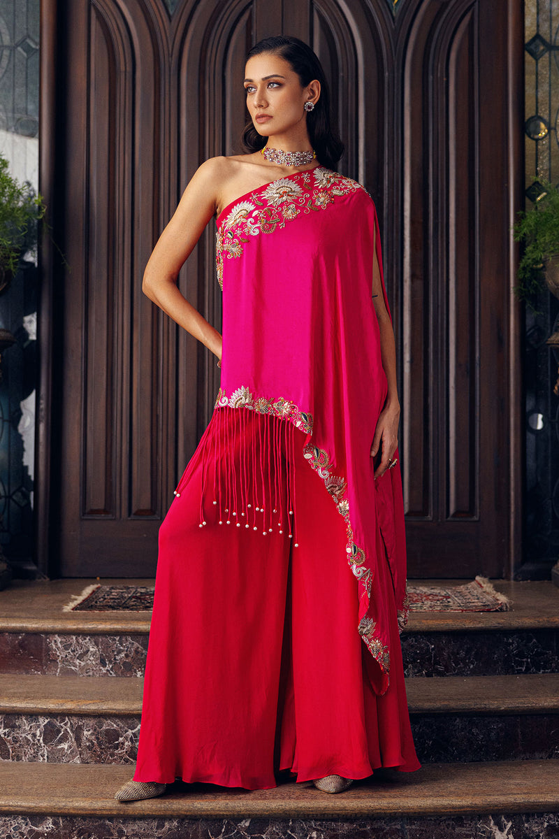 SIGANTURE ONE SHOULDER DRAPE SET WITH FLARED PANTS