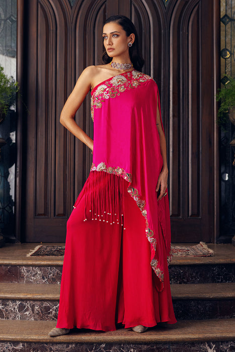 SIGANTURE ONE SHOULDER DRAPE SET WITH FLARED PANTS