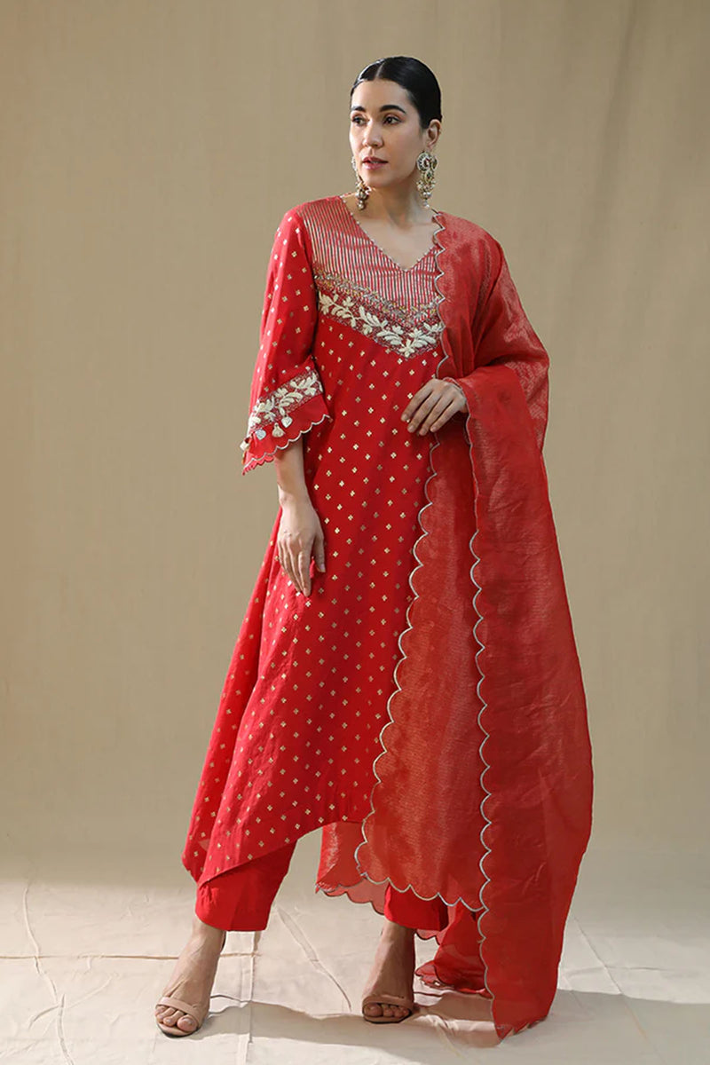 Red Self Chanderi Suit Set