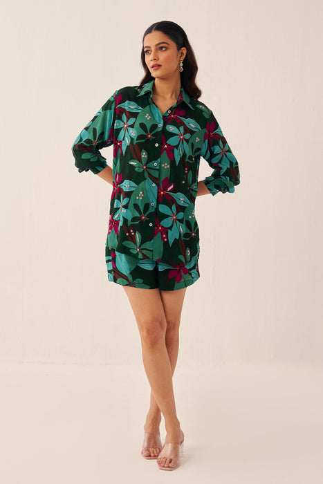 Green Tropical Shorts Set