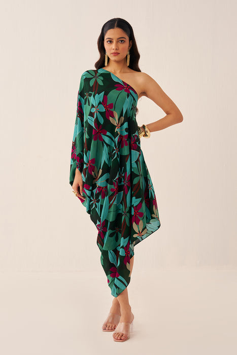 Green Tropical One-Shoulder Cowl Dress