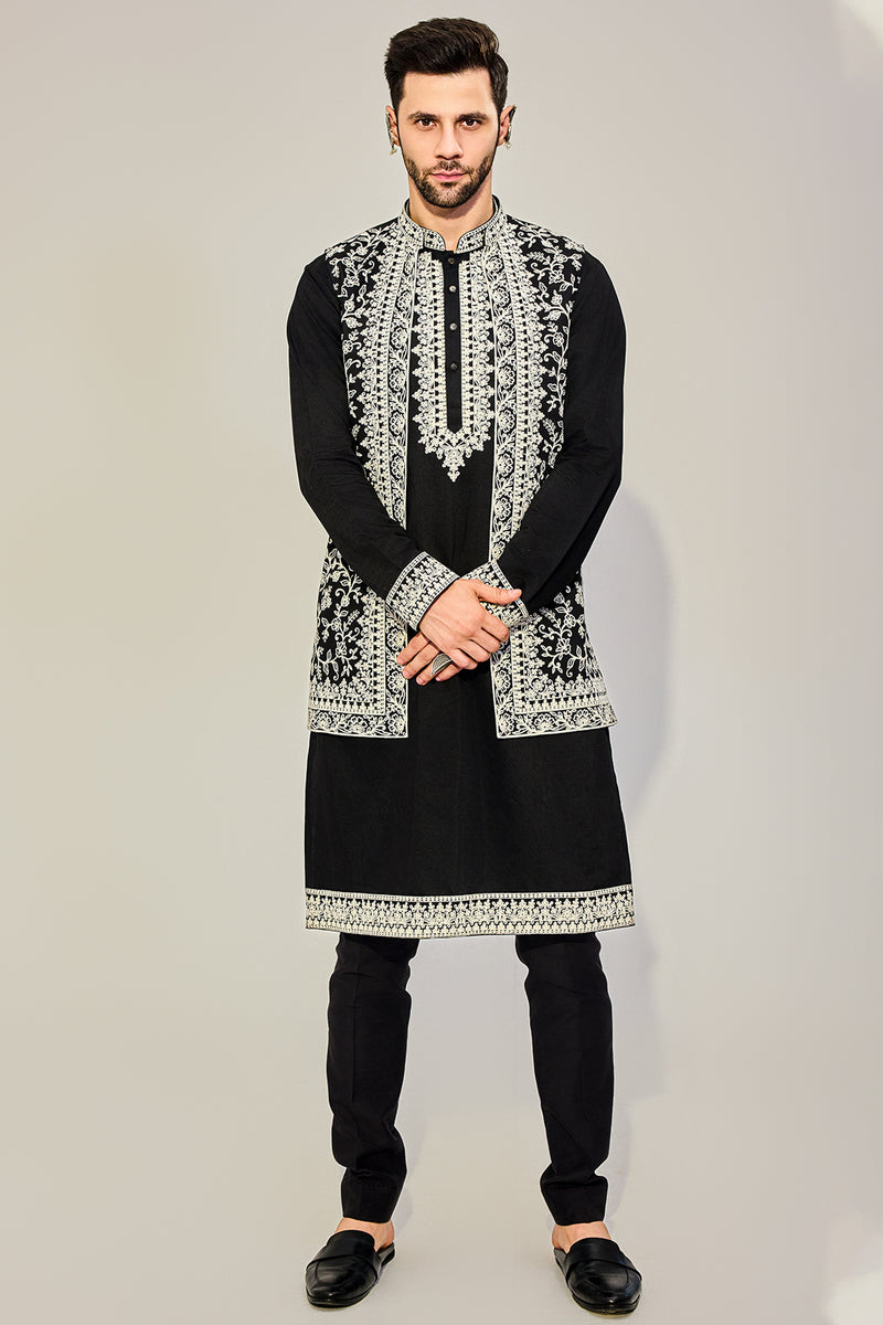 Black Kurta Jacket Set With White Embriodired