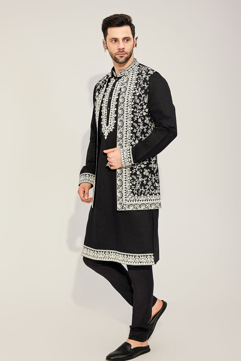 Black Kurta Jacket Set With White Embriodired