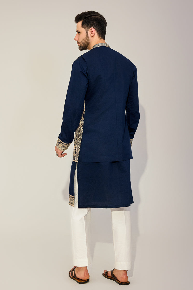 Navy Kurta Jacket Set With Beige Embriodry