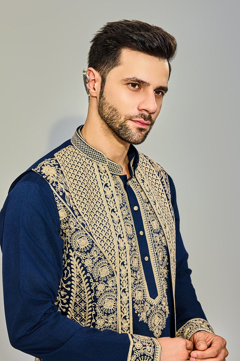 Navy Kurta Jacket Set With Beige Embriodry