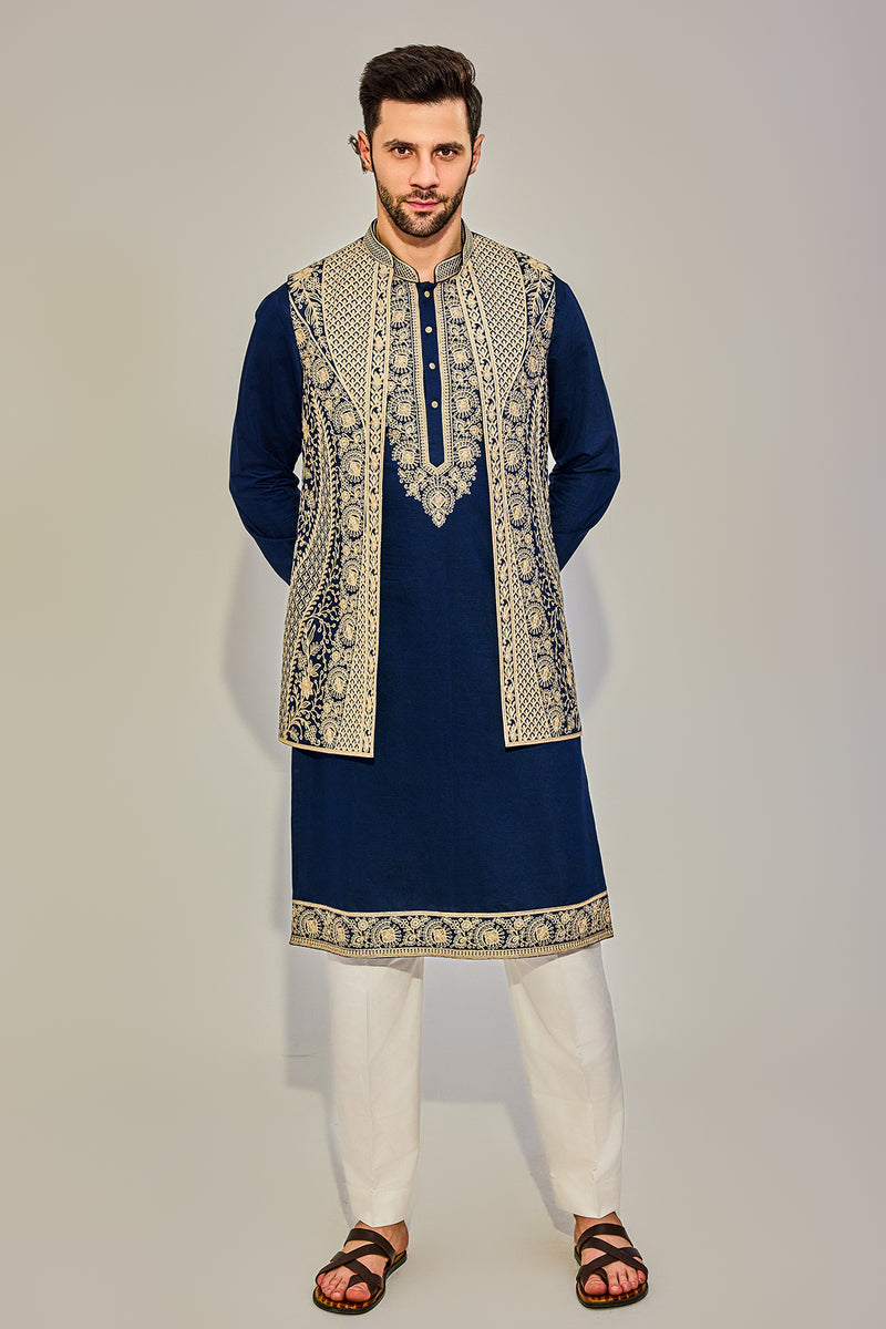 Navy Kurta Jacket Set With Beige Embriodry