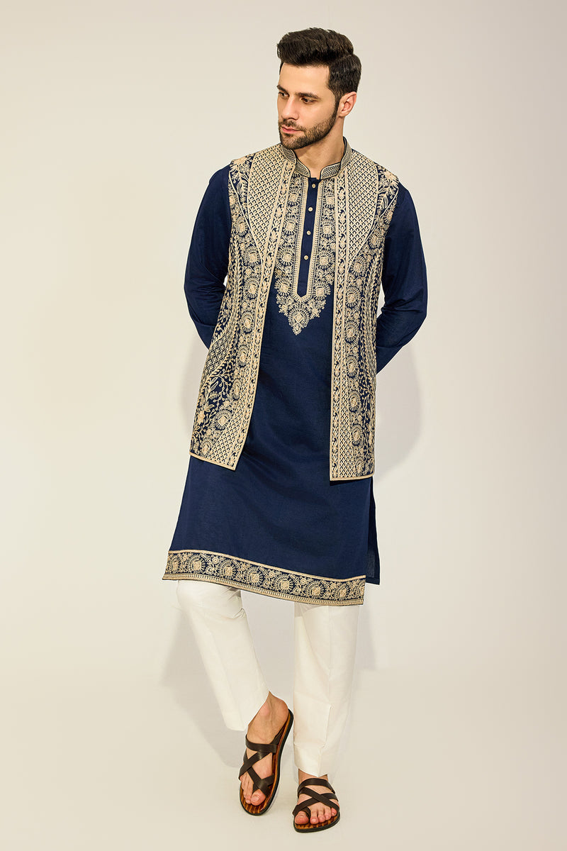 Navy Kurta Jacket Set With Beige Embriodry