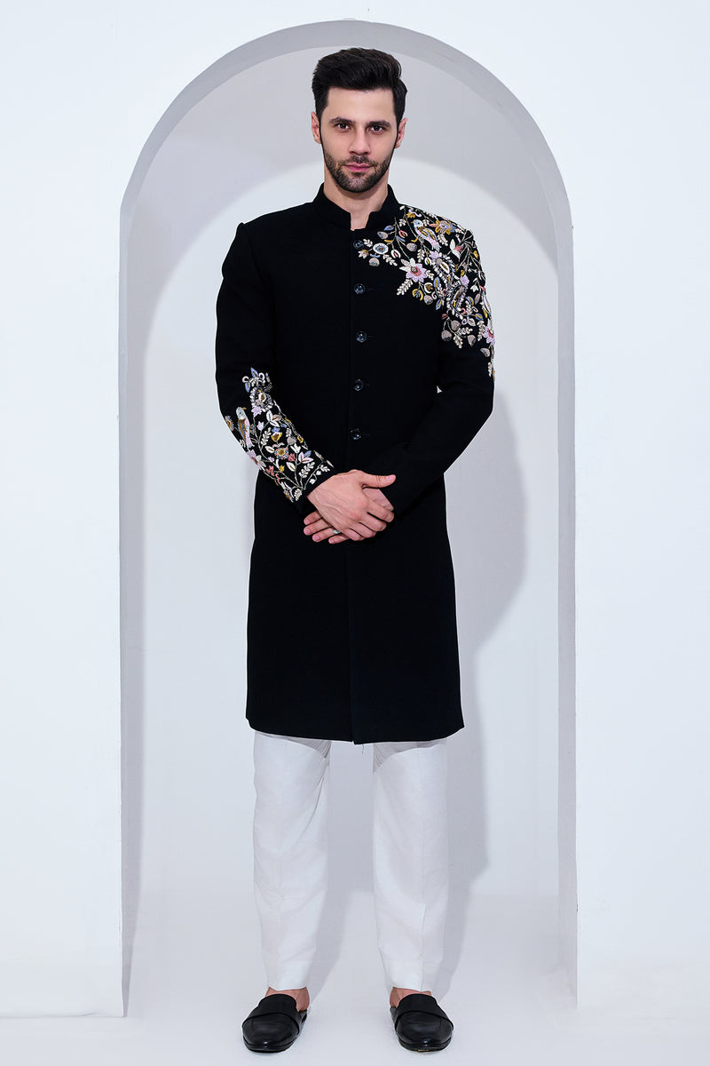 Black Texture Achkan With Chest And Sleeve Embriodry