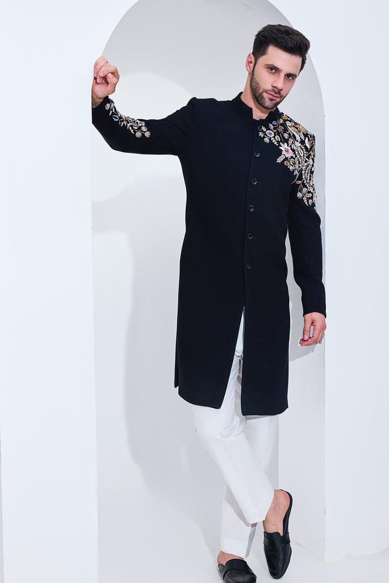 Black Texture Achkan With Chest And Sleeve Embriodry