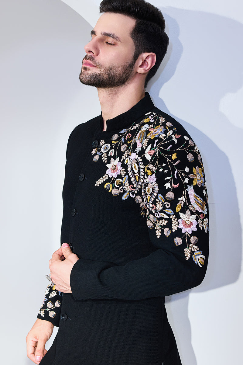 Black Texture Achkan With Chest And Sleeve Embriodry