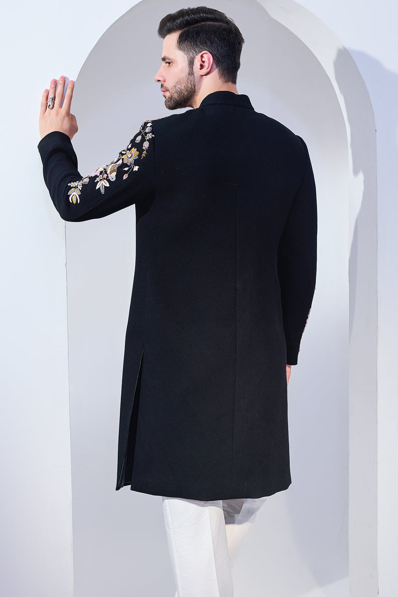 Black Texture Achkan With Chest And Sleeve Embriodry