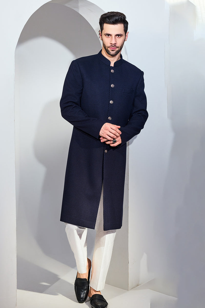 Navy Blue Diamond Texture Achkan With Pants