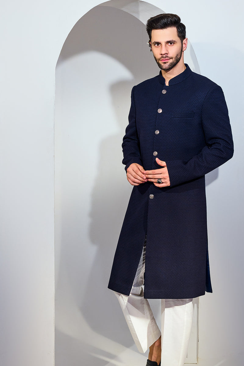 Navy Blue Diamond Texture Achkan With Pants