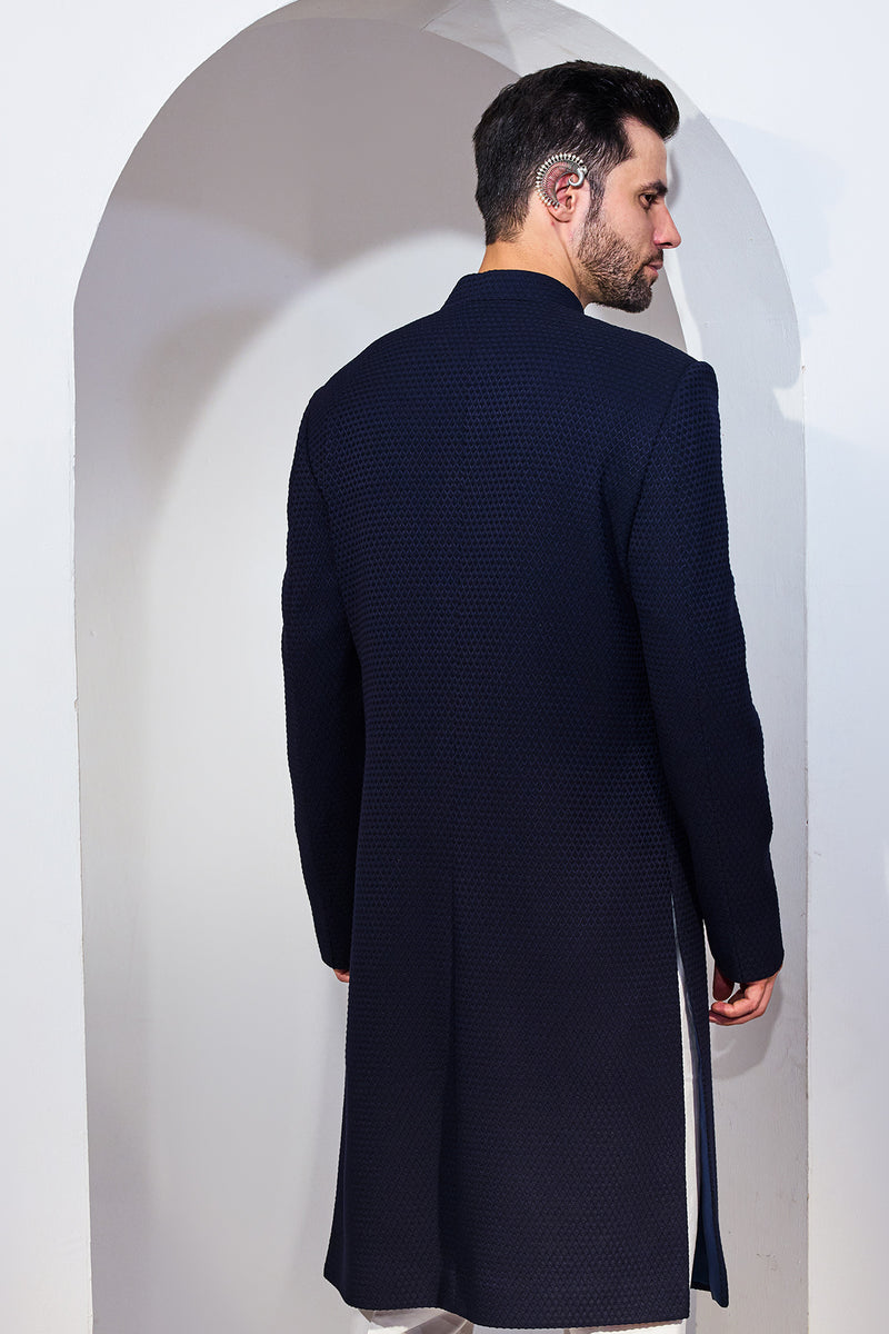 Navy Blue Diamond Texture Achkan With Pants