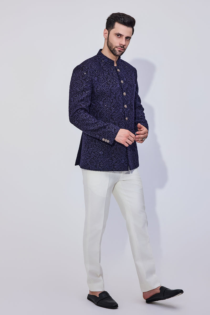 Navy Sequins Bandhgala With Offwhite Pants