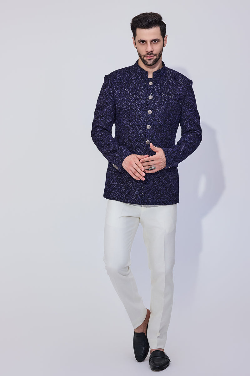 Navy Sequins Bandhgala With Offwhite Pants