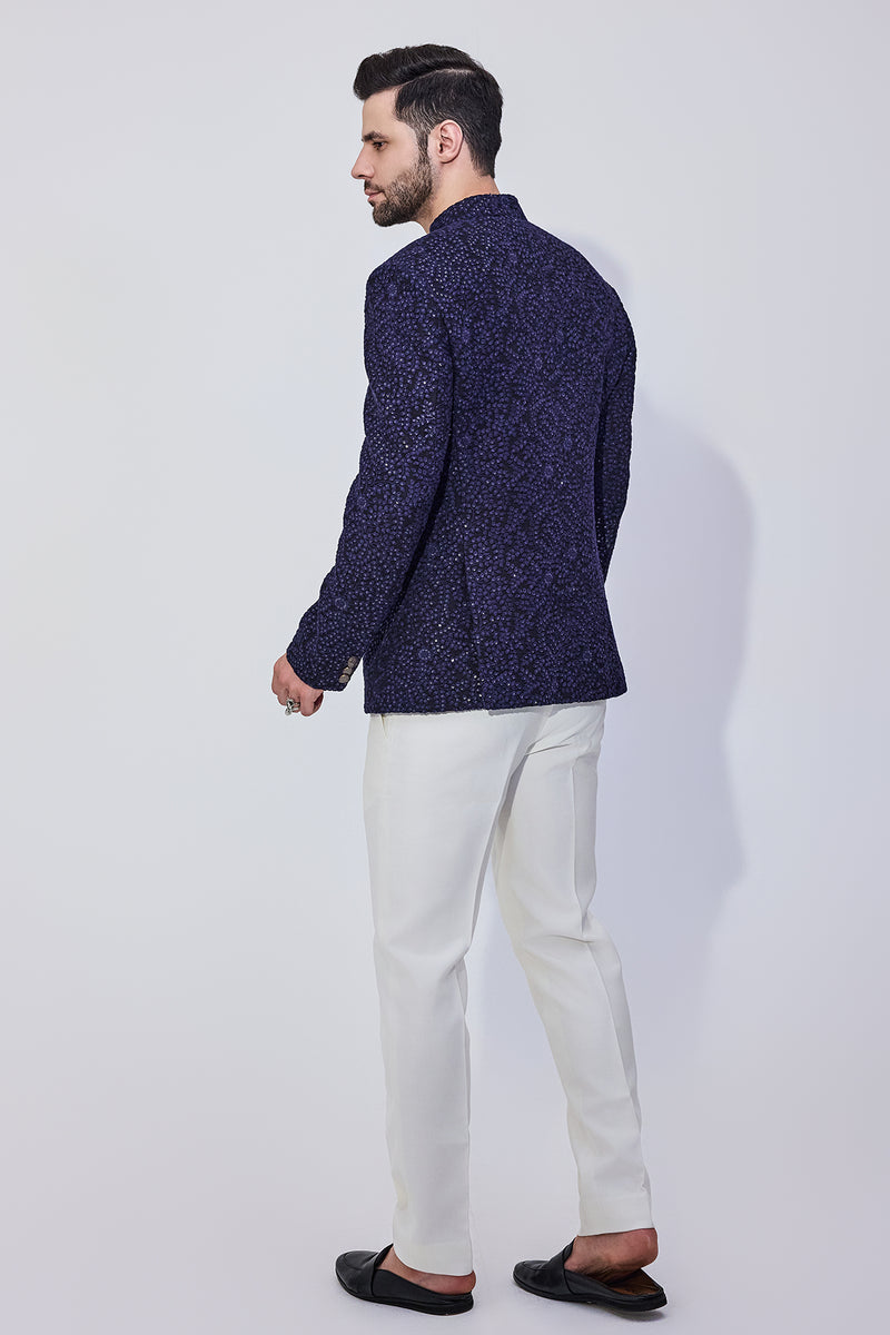 Navy Sequins Bandhgala With Offwhite Pants