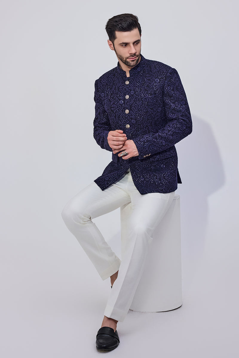 Navy Sequins Bandhgala With Offwhite Pants