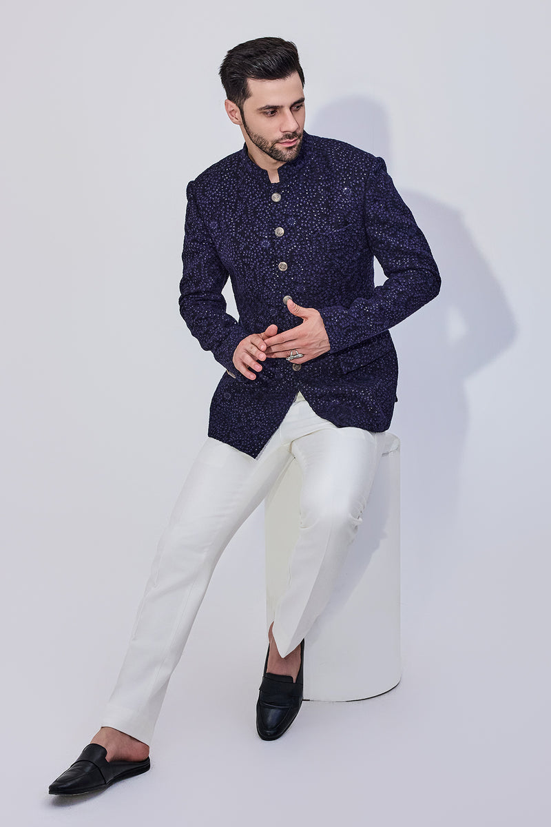 Navy Sequins Bandhgala With Offwhite Pants