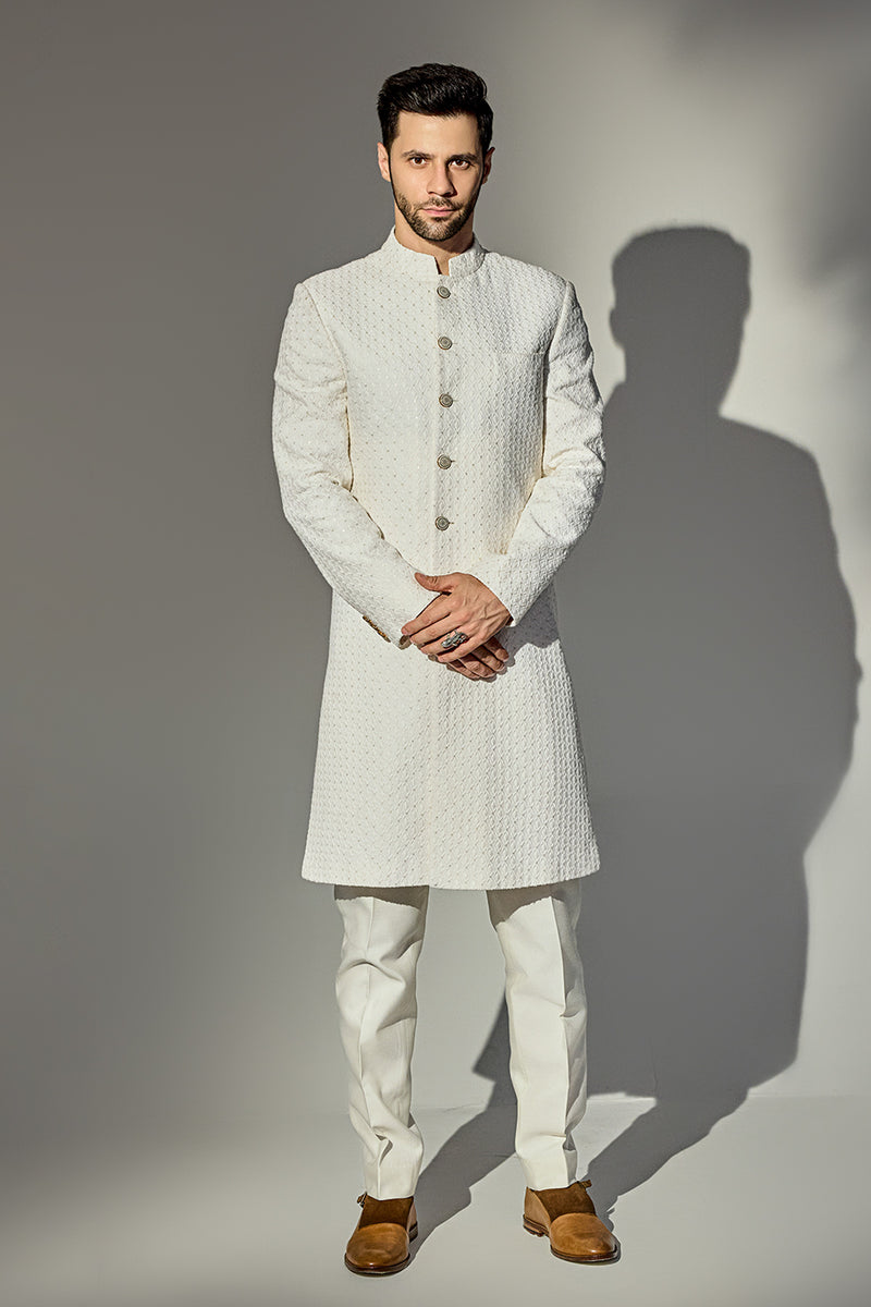 Offwhite Thread Work Achkan With Single Sequins